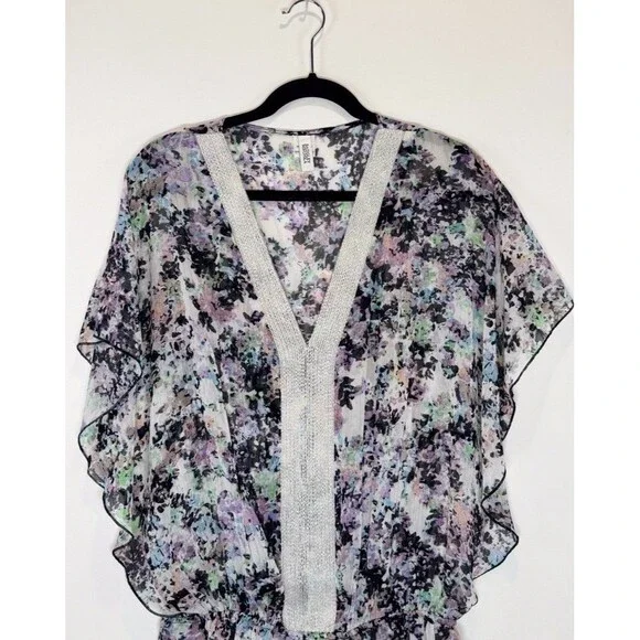 Badgley Mischka Womens Cover Up Black Abstract Sheer Beaded Blouson Swim Medium - Picture 6 of 10